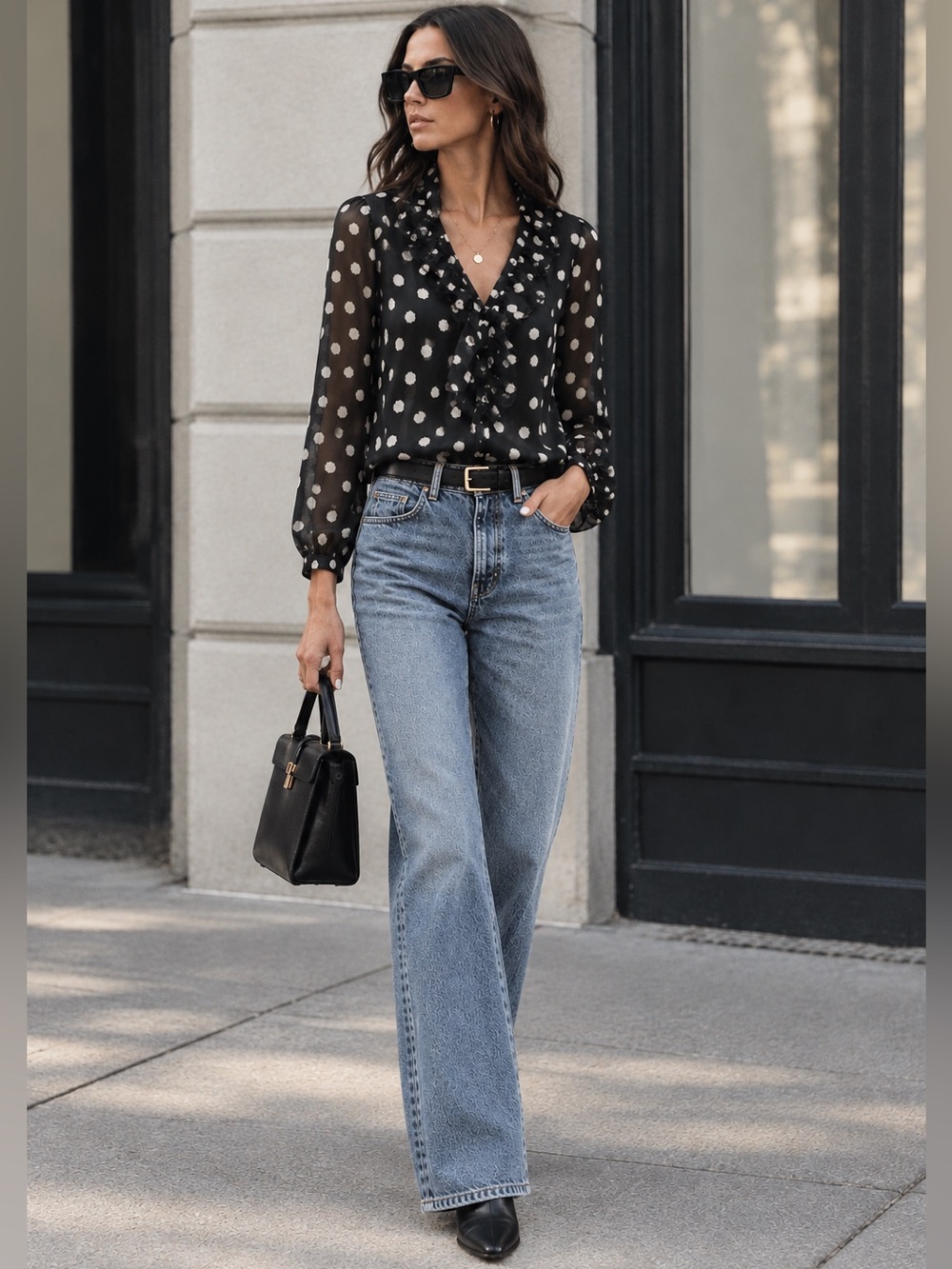 Topshop Sheer Polka Dot Ruffle Blouse Black Size US 6 / UK 10 Chiffon